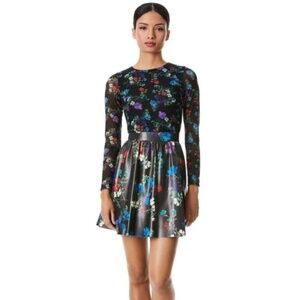 NWT Alice + Olivia Chara Mesh & Vegan Leather Floral Dress, Black